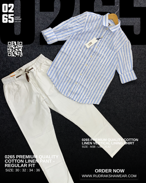 0265 Combo - Cotton linen full sleeve lining shirt & Cotton linen regular fit pant - Light Blue & White