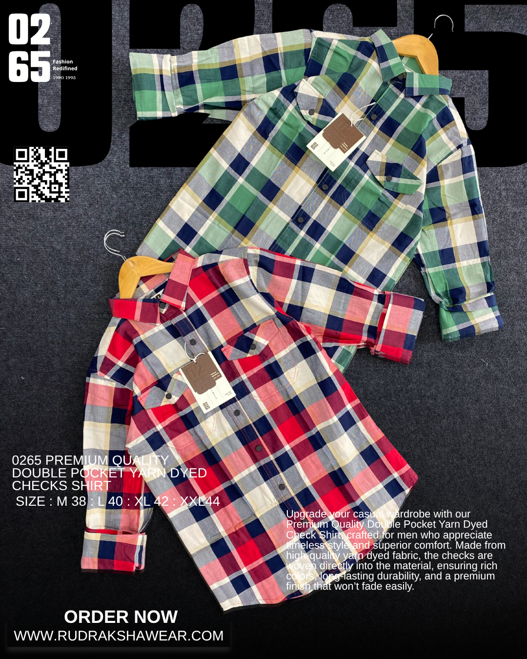 0265 Premium Double Pocket Checks Shirt  | Yarn Dyed Fabric | Backside Box Pleated | Metal Snap Buttons