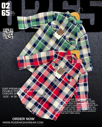 0265 Premium Double Pocket Checks Shirt  | Yarn Dyed Fabric | Backside Box Pleated | Metal Snap Buttons
