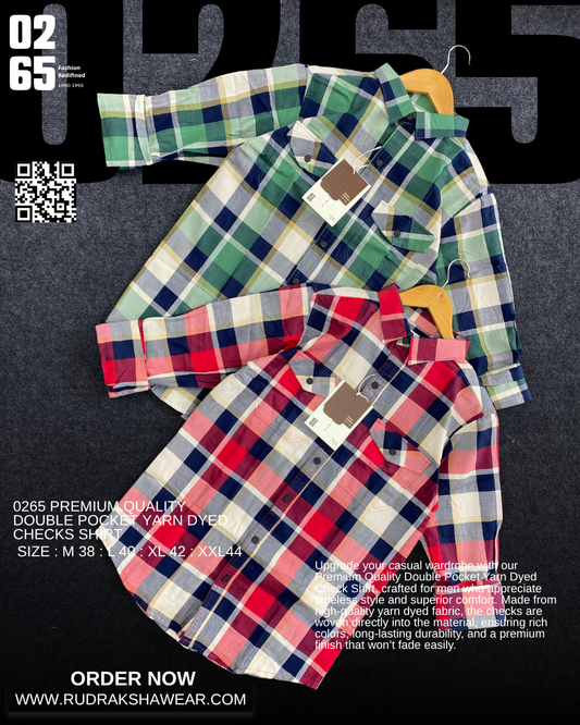 0265 Premium Double Pocket Checks Shirt  | Yarn Dyed Fabric | Backside Box Pleated | Metal Snap Buttons