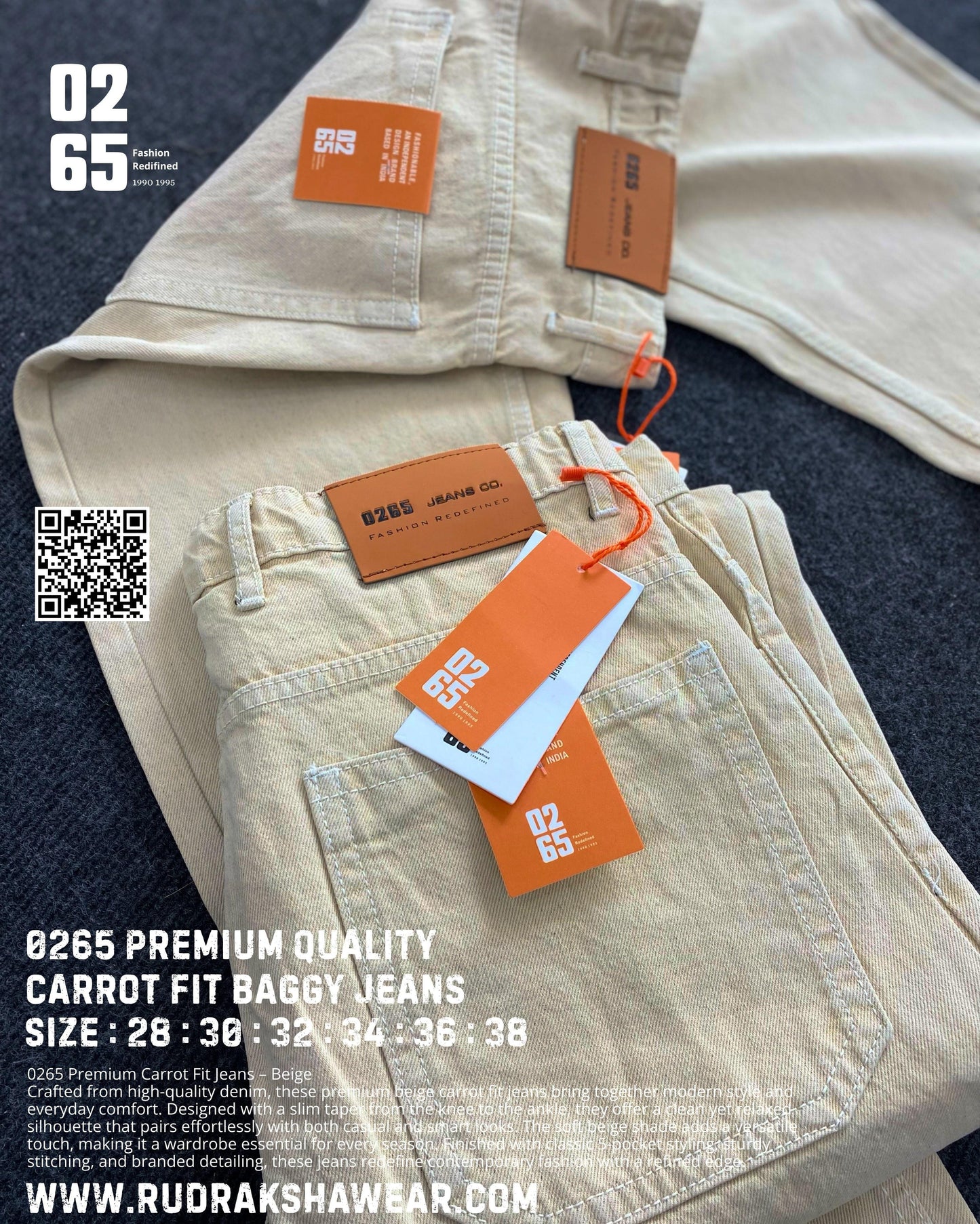 0265 Carrot Fit Baggy Jeans | Beige | Non Stretchable | Length 39”/40”