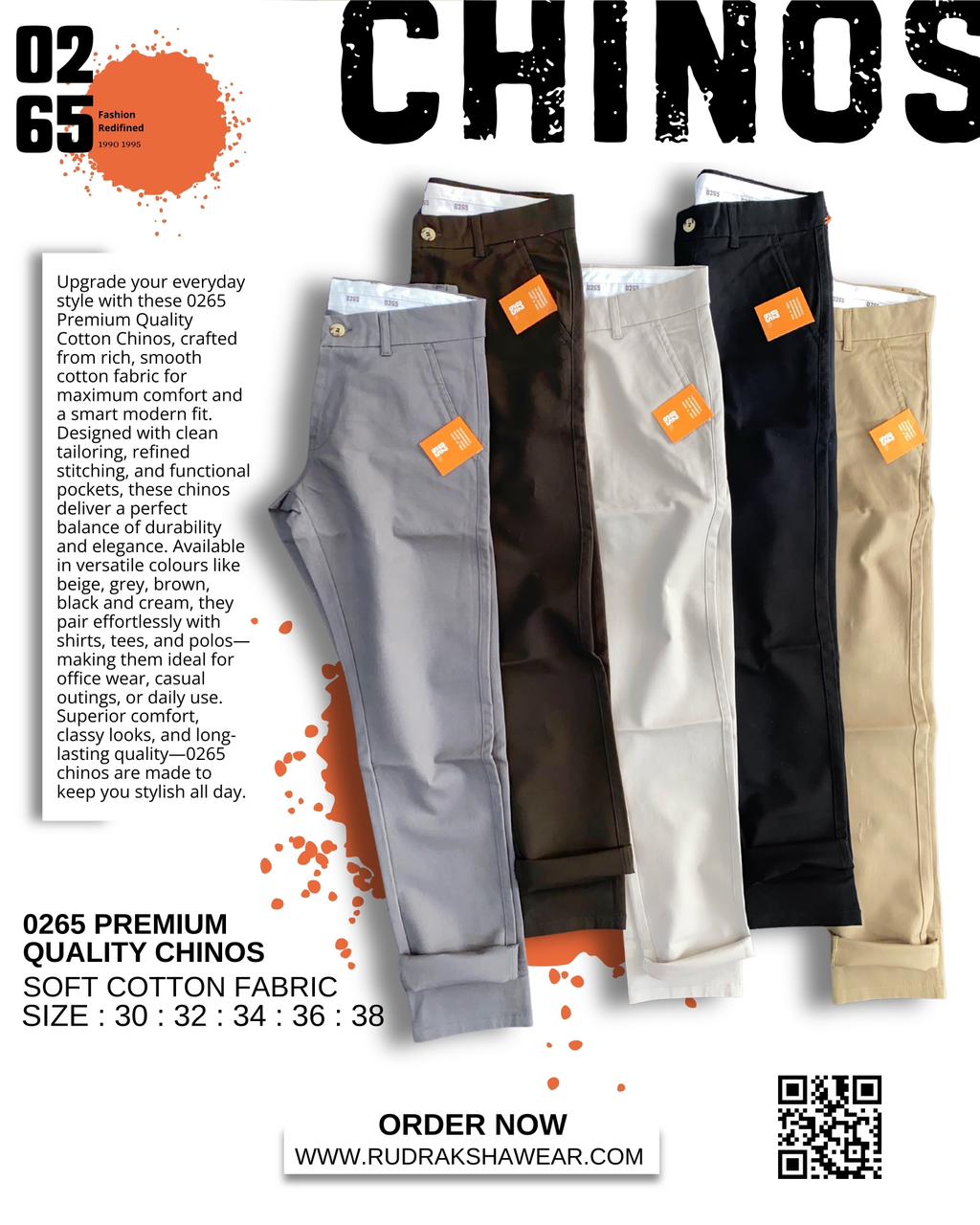 0265 Premium Cotton Chinos | Cross Pockets | Smooth Zipper | 95% Cotton 5% Spandex |Length 40"