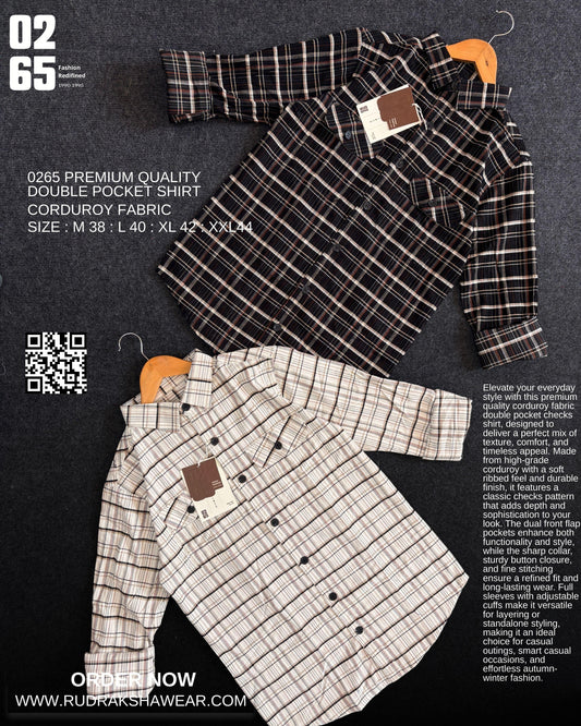 0265 Premium Corduroy Double Pocket Full Sleeve Shirts | Back Side Box Pleated | Yarn Dyed Checks