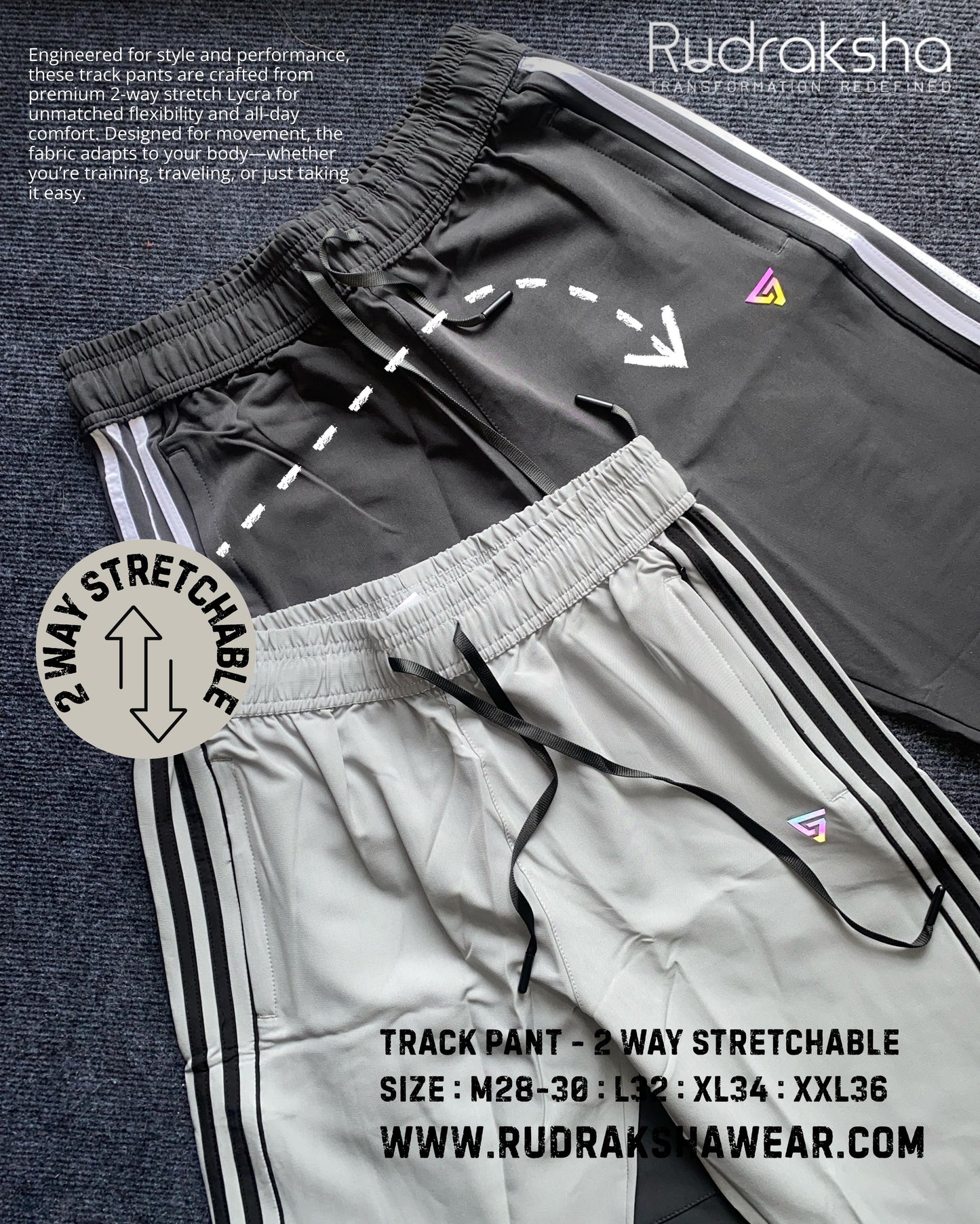 2 Way Stretchable Track Pant - With Two front side pocket zippers - Easy Dry Fabric