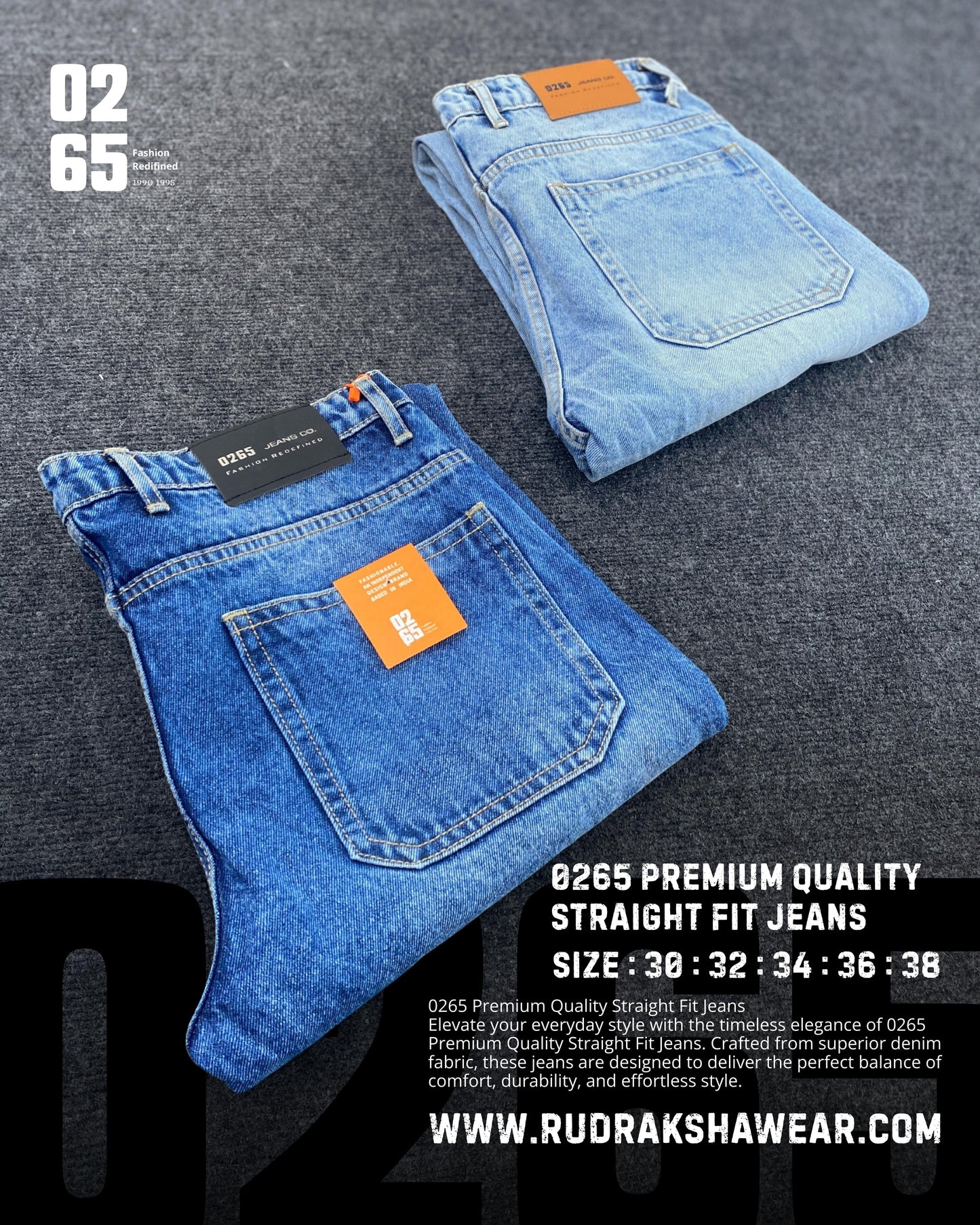0265 PREMIUM STRAIGHT FIT JEANS | MERGING WHISKER| NON LYCRA | 42” Length