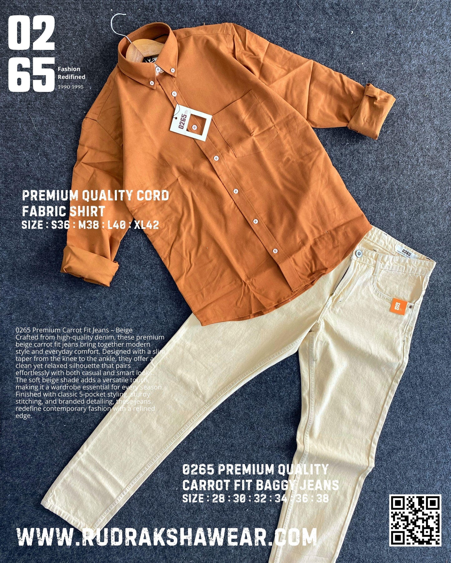 Combo - 0265 Cord Fabric Full Sleeve Shirt + 0265 Carrot Fit Baggy Jeans | Jeans Length 39"/40" | Jeans Non Lycra