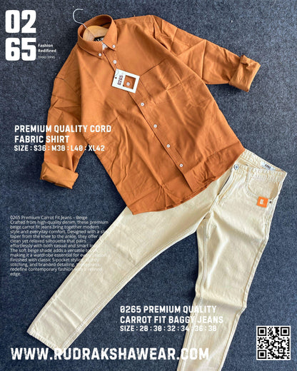 Combo - 0265 Cord Fabric Full Sleeve Shirt + 0265 Carrot Fit Baggy Jeans | Jeans Length 39"/40" | Jeans Non Lycra