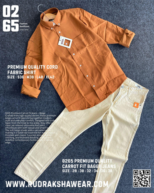 Combo - 0265 Cord Fabric Full Sleeve Shirt + 0265 Carrot Fit Baggy Jeans | Jeans Length 39"/40" | Jeans Non Lycra