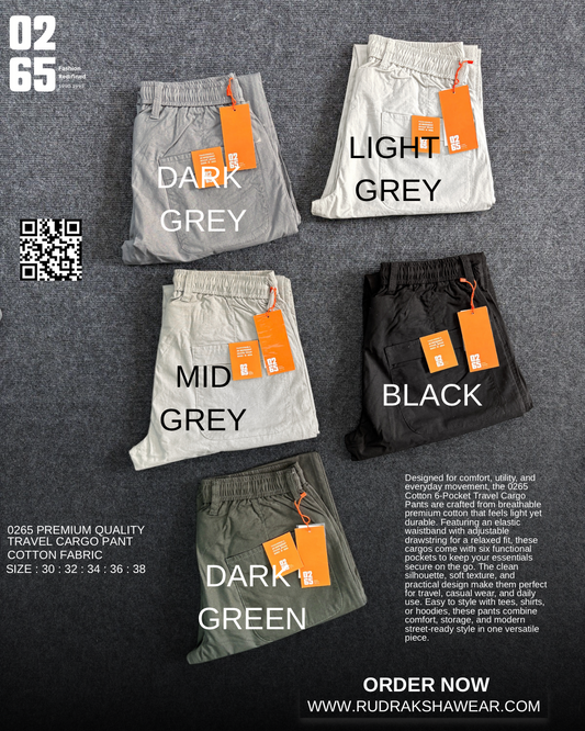 0265 Six Pocket Cargo Travel Pant | Made for travel | 100% Cotton Fabric | Trendy Design | Elastic Band On Waist With Drawstring | Comfort In Every Move