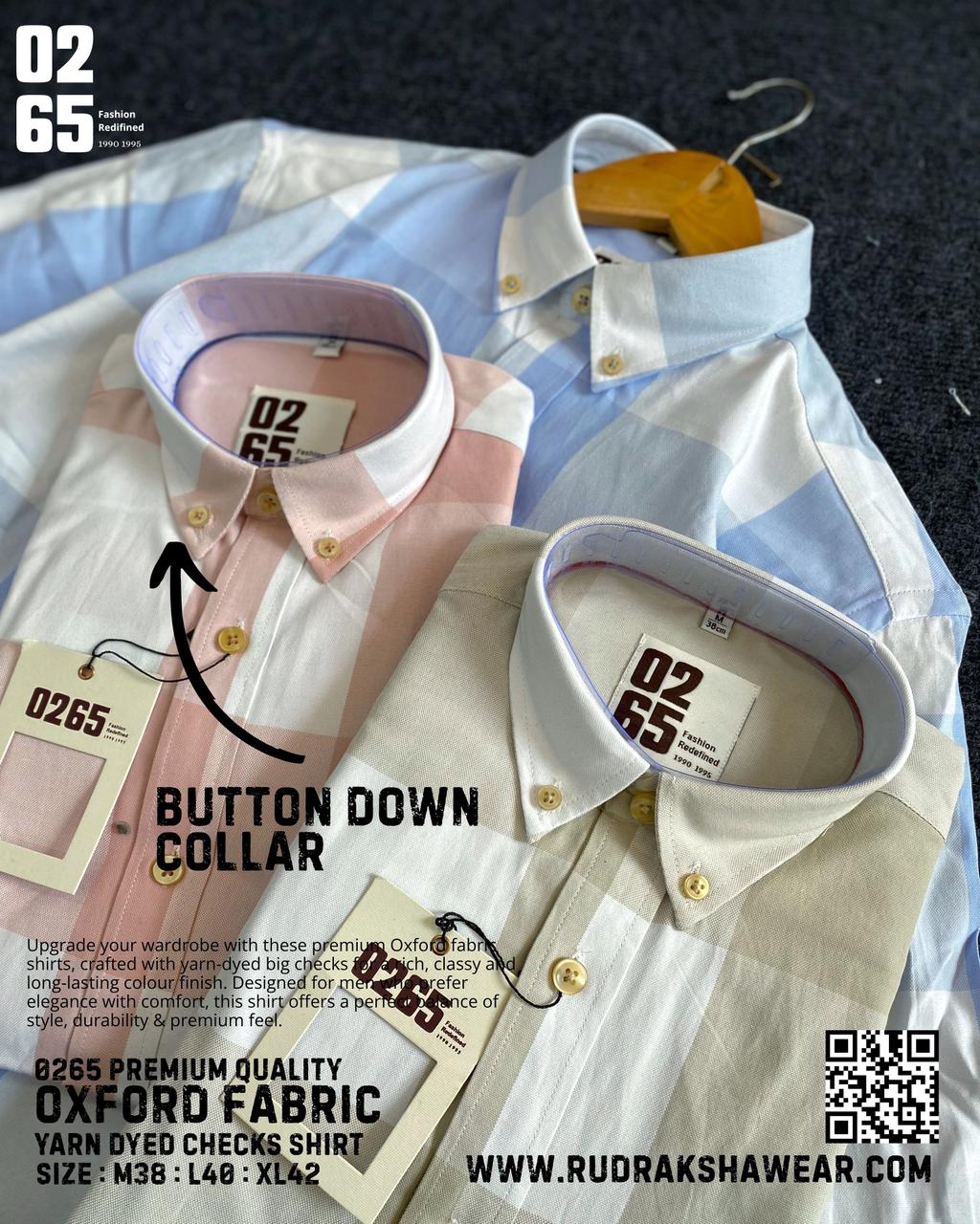 0265 Premium Oxford Fabric Full Sleeve Big Checks Shirt | Yarn Dyed | Button Down Collar | Back Side Box Pleated