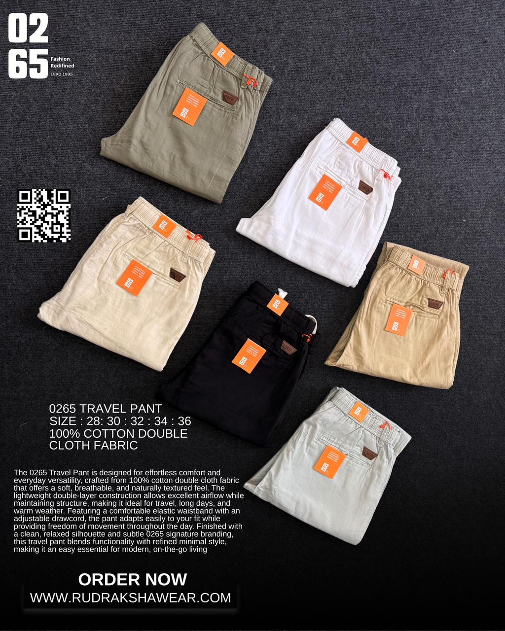 0265 Travel Pant - For Those Who Travel | 100% double cloth fabric | Ultra smooth & Light weight | One side front pocket zipper | Durable Elastic waist band | Belt Loops | Drawstring |Length 40”