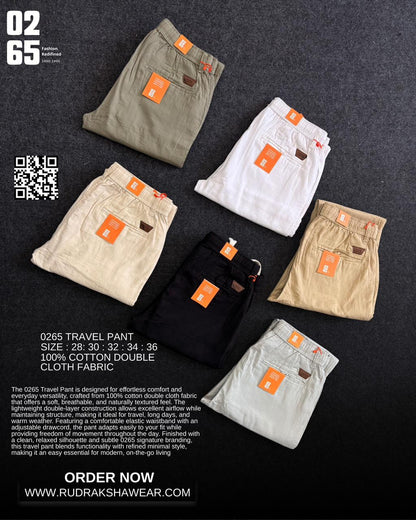 0265 Travel Pant - For Those Who Travel | 100% double cloth fabric | Ultra smooth & Light weight | One side front pocket zipper | Durable Elastic waist band | Belt Loops | Drawstring |Length 40”