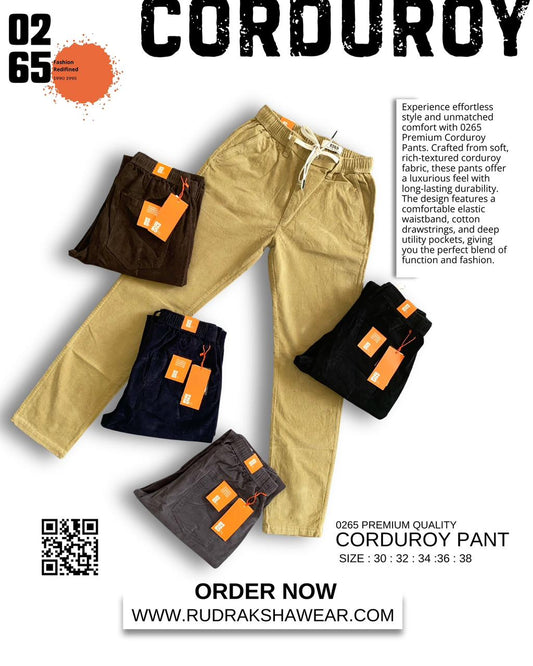 0265 Premium corduroy pant | Best for travelling | Casual wear | Quality Drawstring | Durable elastic waist band | 1 out of 2 Font Pocket with smooth zipper | 2 Back side pockets | Comfort in every move