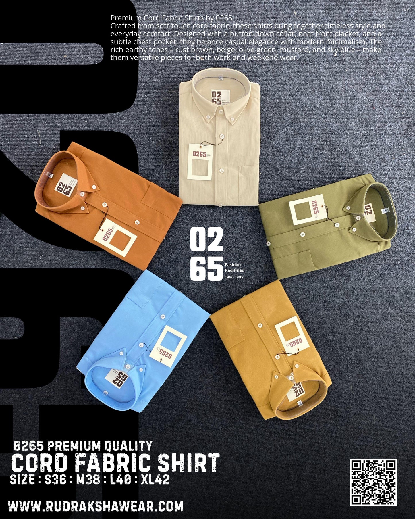 0265 Cord Fabric Full Sleeve Shirt | Button Down Collar | Stretchable | Soft & Comfort