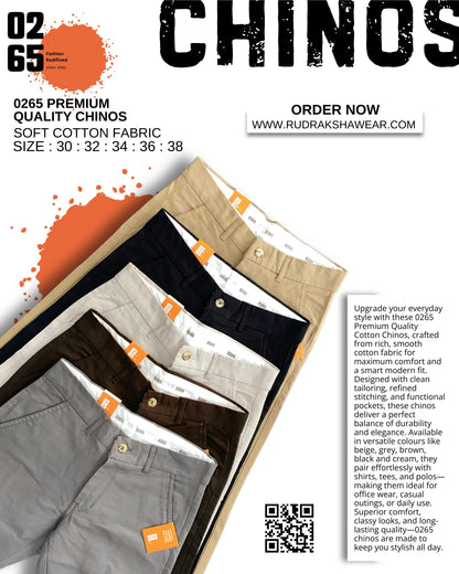 0265 Premium Cotton Chinos | Cross Pockets | Smooth Zipper | 95% Cotton 5% Spandex |Length 40"