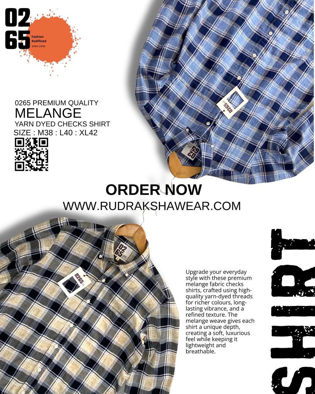 0265 Premium Melange Checks Full Sleeve Shirt | 100% Cotton Fabric | Ultra Soft Feel | Button Down Collars | Back Side Pleated | Yarn Dyed Fabric