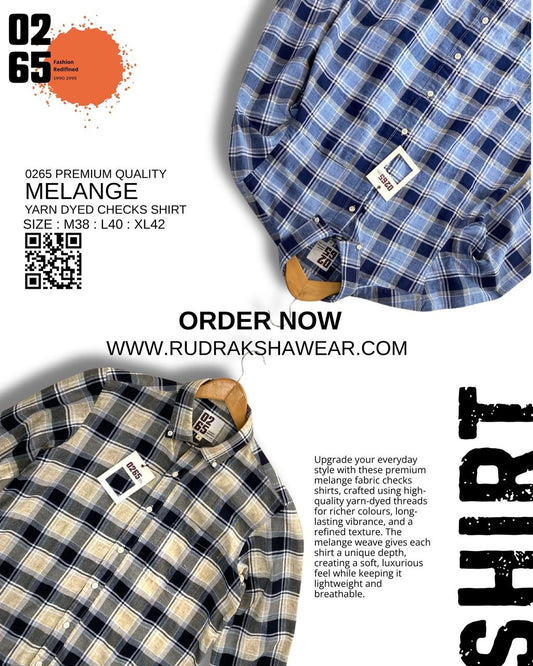 0265 Premium Melange Checks Full Sleeve Shirt | 100% Cotton Fabric | Ultra Soft Feel | Button Down Collars | Back Side Pleated | Yarn Dyed Fabric