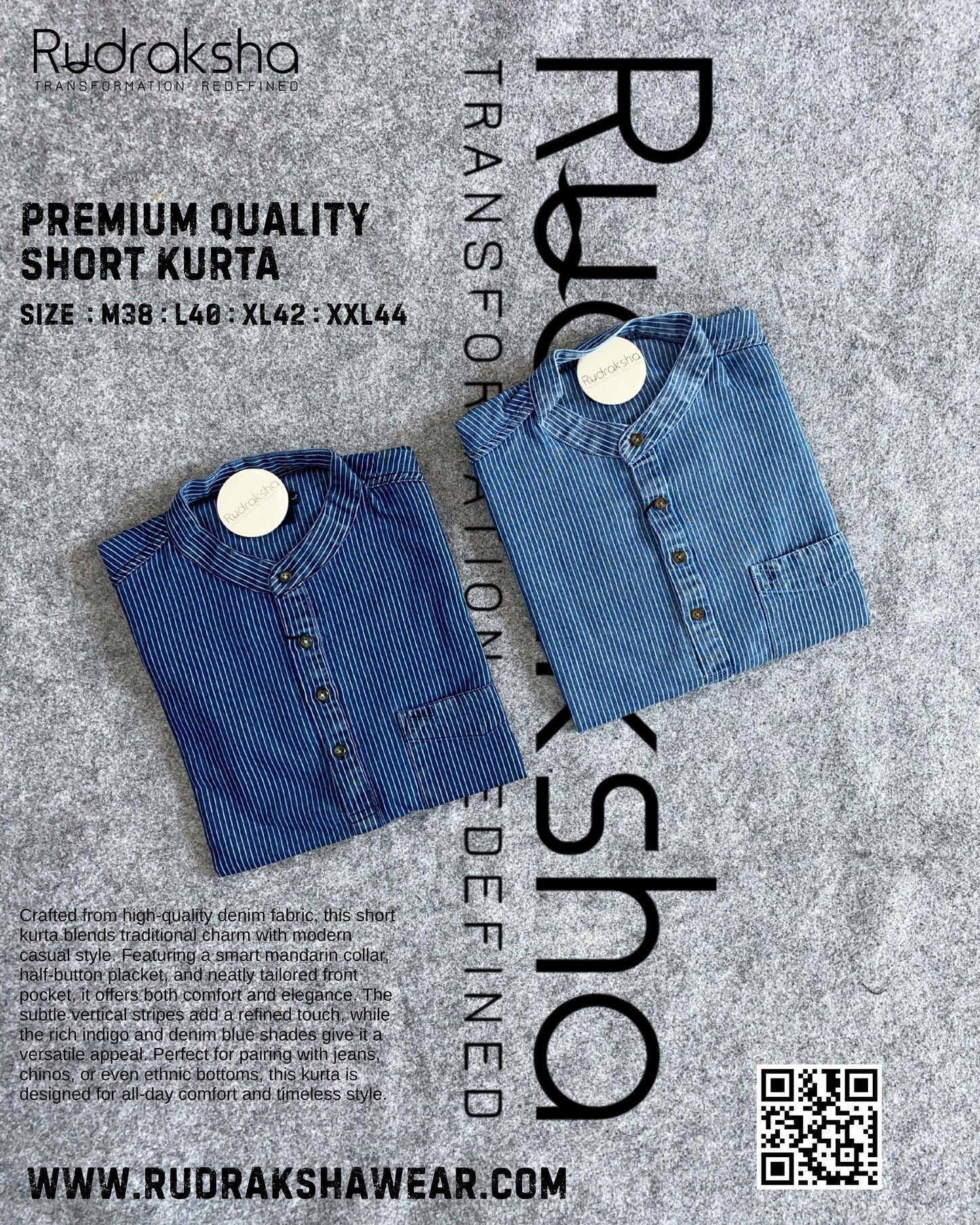 Short Kurta | Full Sleeve | 100% Cotton ￼| Indigo Blue