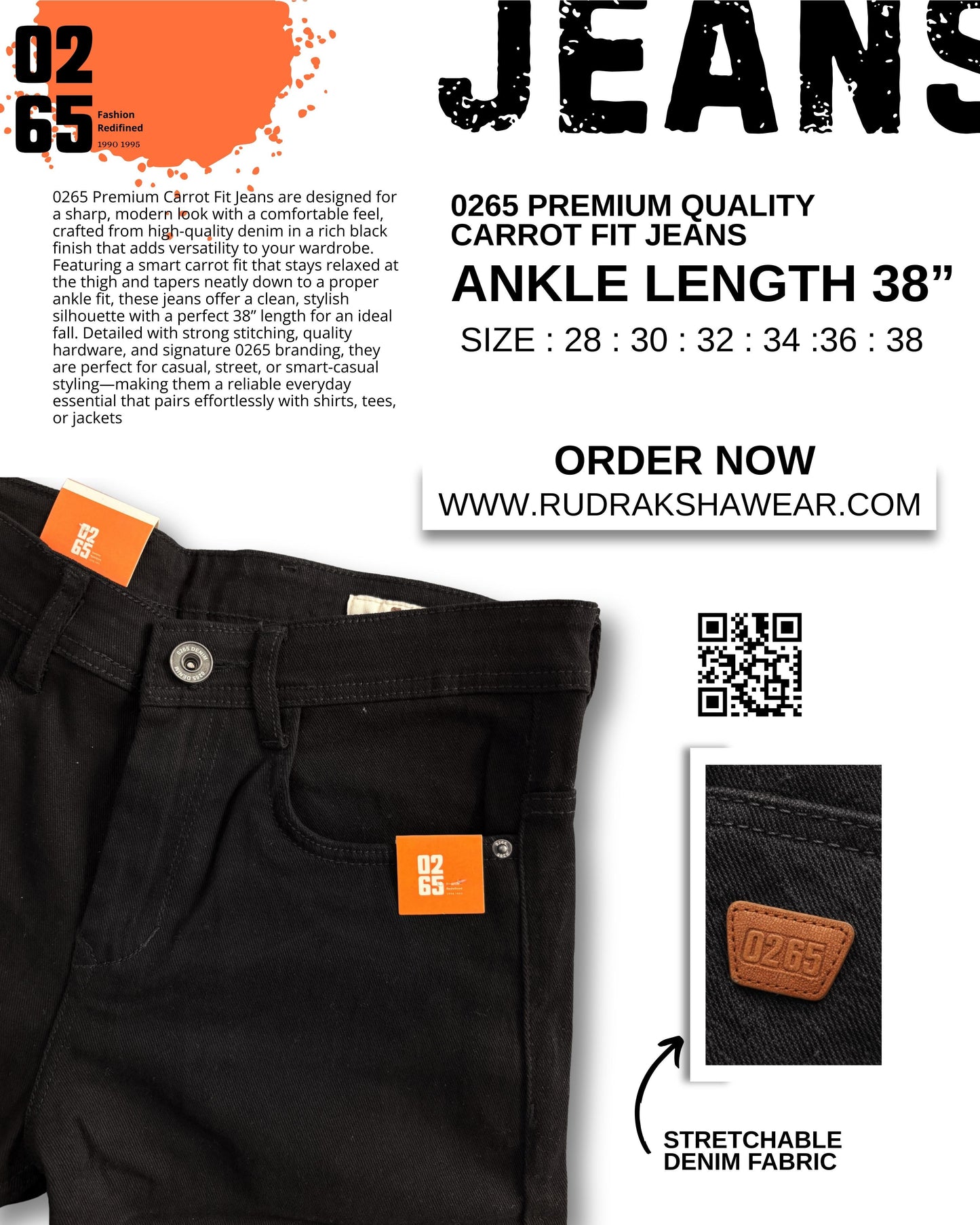 0265 Premium Carrot fit Jeans | Ankle Length 38" | Stretchable | Yarn Dyed Denim Fabric | Durable Shade | Comfort In Every Move | Best Suitable For Guy with height 5.2" to 5.6"