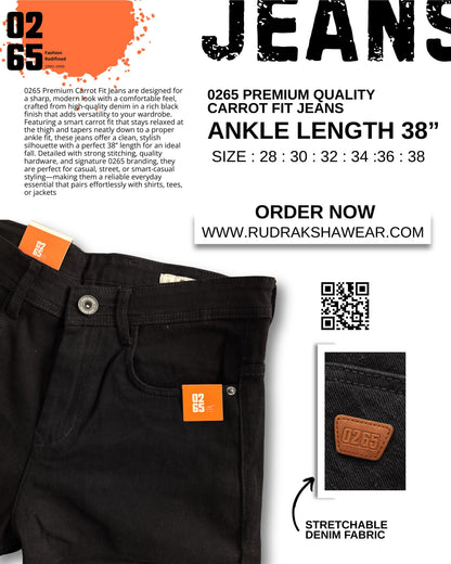 0265 Premium Carrot fit Jeans | Ankle Length 38" | Stretchable | Yarn Dyed Denim Fabric | Durable Shade | Comfort In Every Move | Best Suitable For Guy with height 5.2" to 5.6"