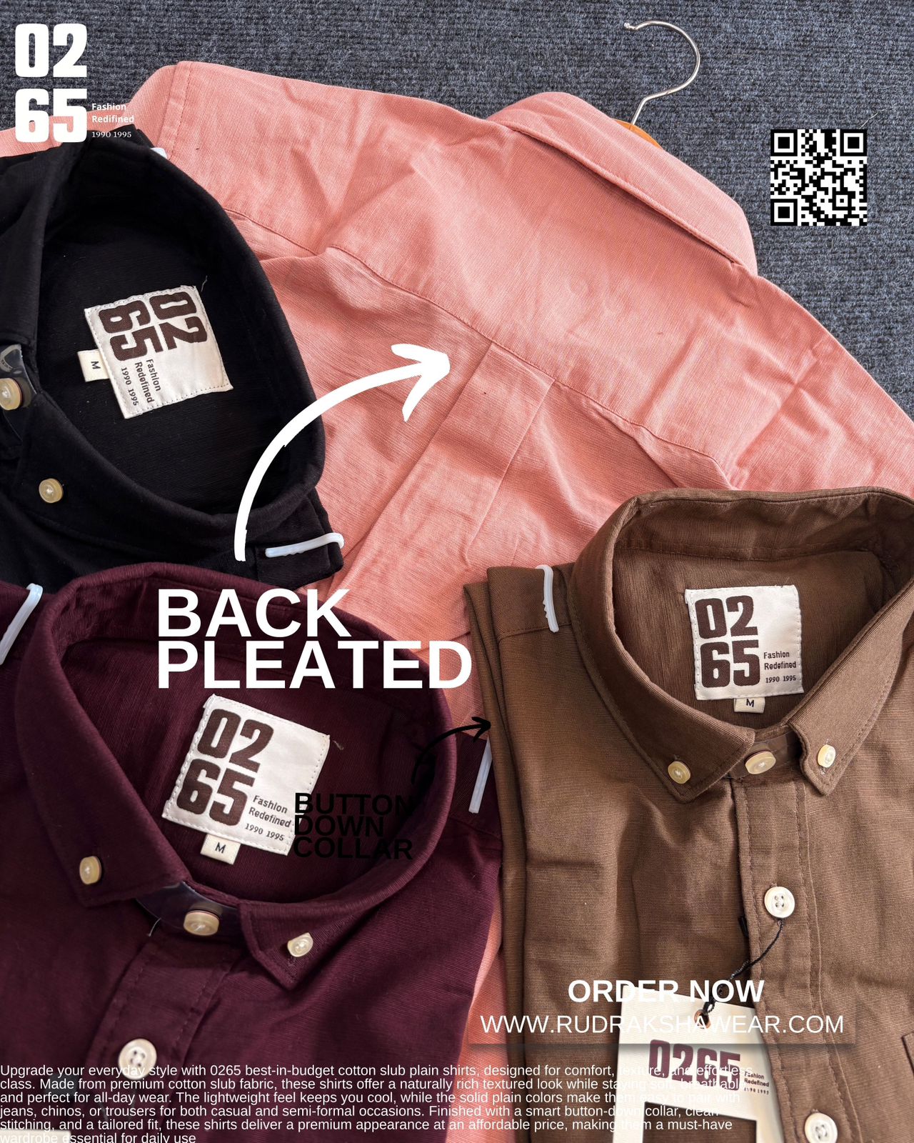 0265 Cotton Slub Fabric Full Sleeve Shirt | Button Down Collar | Back side Box Pleated