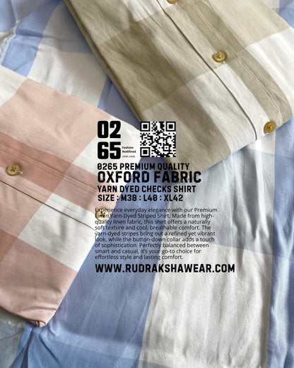 0265 Premium Oxford Fabric Full Sleeve Big Checks Shirt | Yarn Dyed | Button Down Collar | Back Side Box Pleated