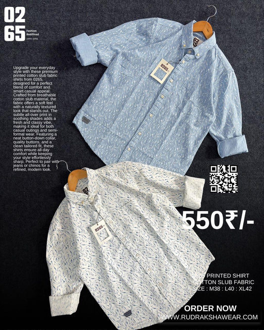0265 Cotton Slub Printed Fabric Full Sleeve Shirt | Backside box pleated | Button Down Collar