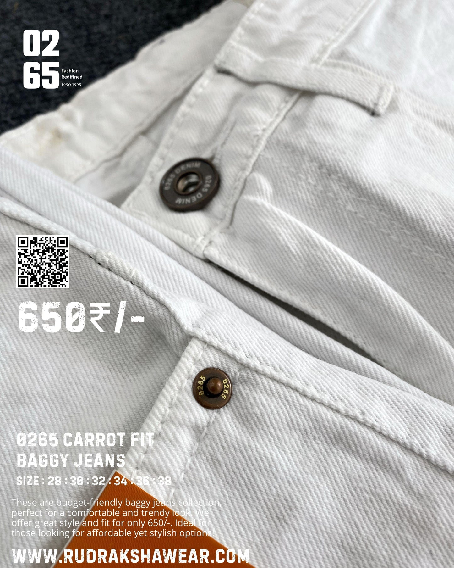 WHITE CARROT FIT BAGGY JEANS- Length 40" - NON STRETCHABLE