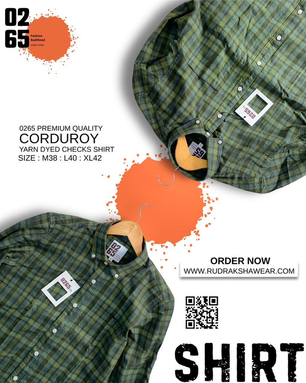 0265 Premium Corduroy Full Sleeve Shirt | Button Down Collar | Back Side Box Pleated | Yarn Dyed Checks