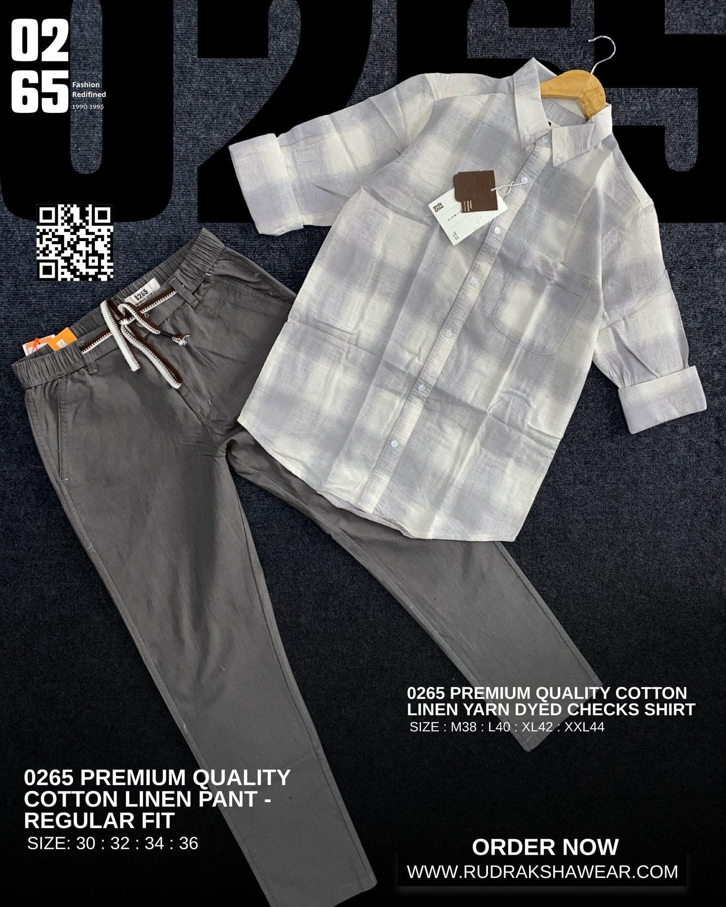 0265 Combo - Premium Imported Cotton linen full sleeve checks shirt & Cotton linen regular fit pant - Light Grey Checks & Dark Grey Pant