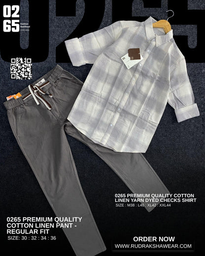 0265 Combo - Premium Imported Cotton linen full sleeve checks shirt & Cotton linen regular fit pant - Light Grey Checks & Dark Grey Pant