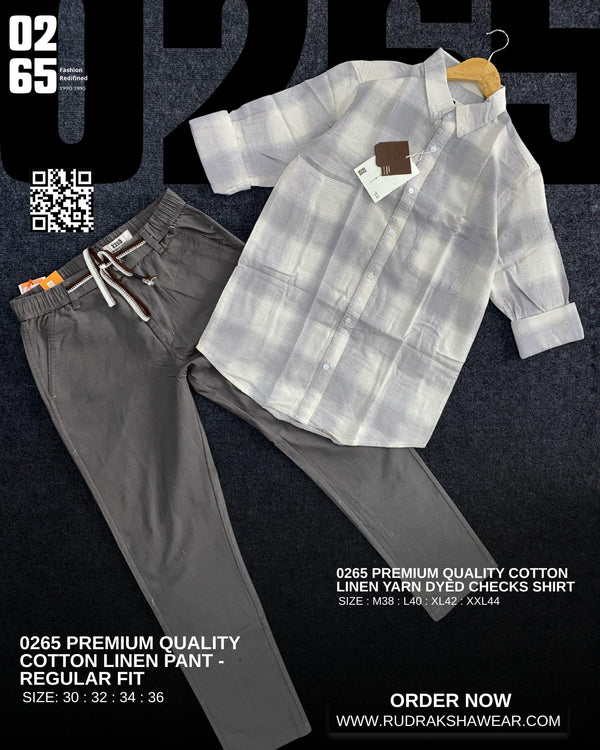 0265 Combo - Premium Imported Cotton linen full sleeve checks shirt & Cotton linen regular fit pant - Light Grey Checks & Dark Grey Pant