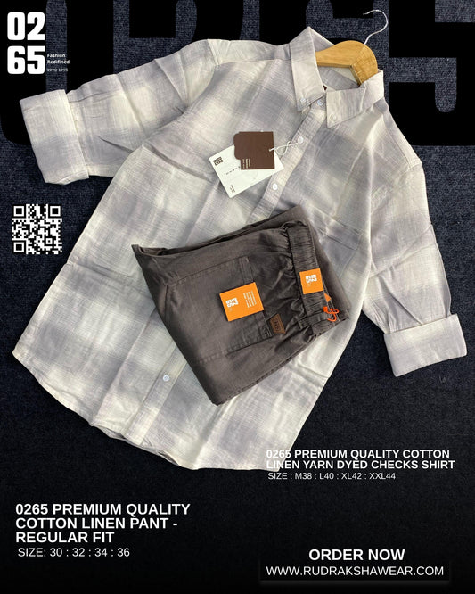 0265 Combo - Premium Imported Cotton linen full sleeve checks shirt & Cotton linen regular fit pant - Light Grey Checks & Dark Grey Pant
