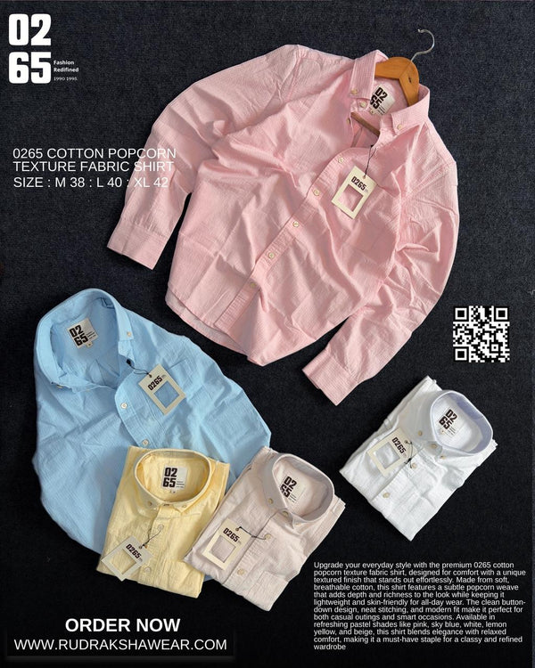 0265 Cotton Popcorn Textured Full Sleeve Shirt | Button Down Collar | Back Side Box Pleated