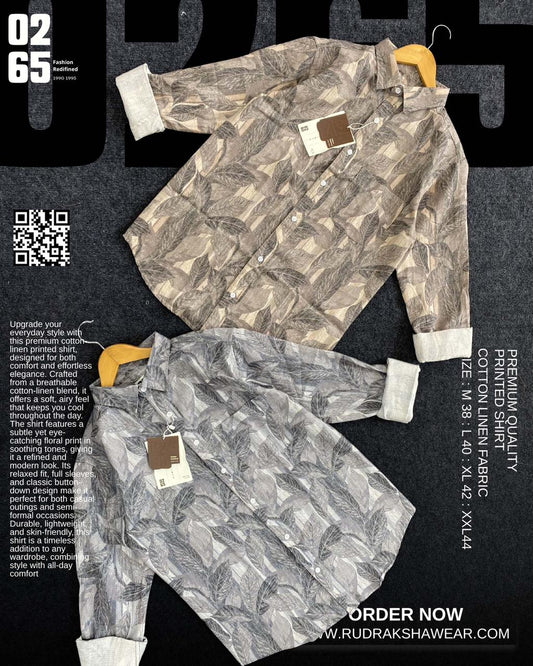 0265 Cotton Linen Printed Shirt | Backside box pleated | Leaf print