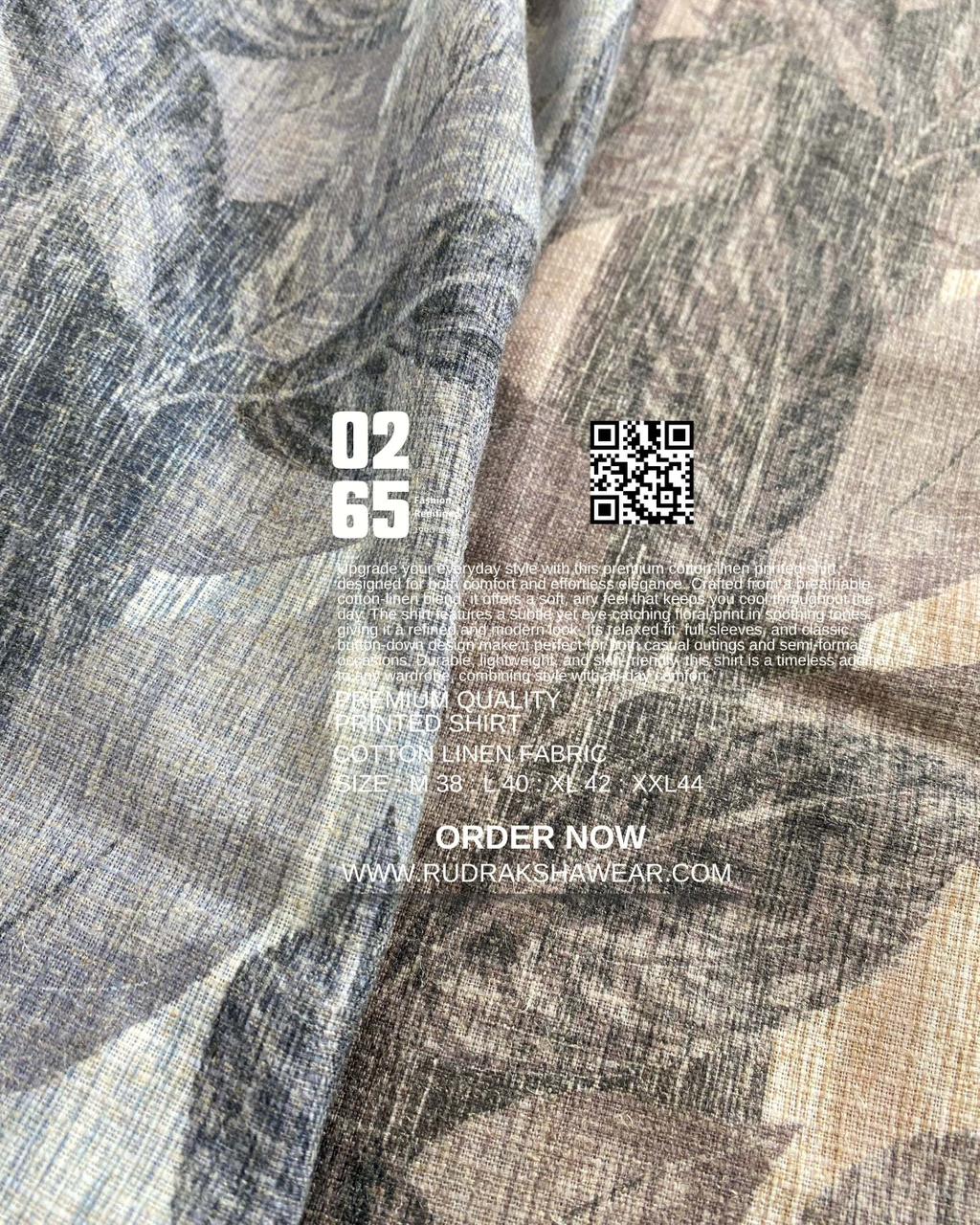 0265 Cotton Linen Printed Shirt | Backside box pleated | Leaf print