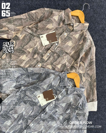 0265 Cotton Linen Printed Shirt | Backside box pleated | Leaf print