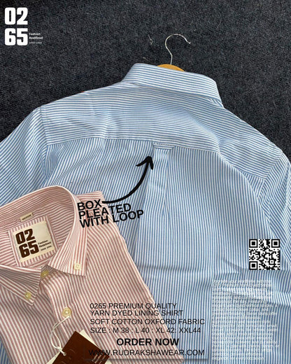 0265 Signature Premium Lining Full Sleeve Shirts | 100% Cotton Oxford | Ultra Soft Fabric | Backside Box Pleated With Loop | Button Down Collar