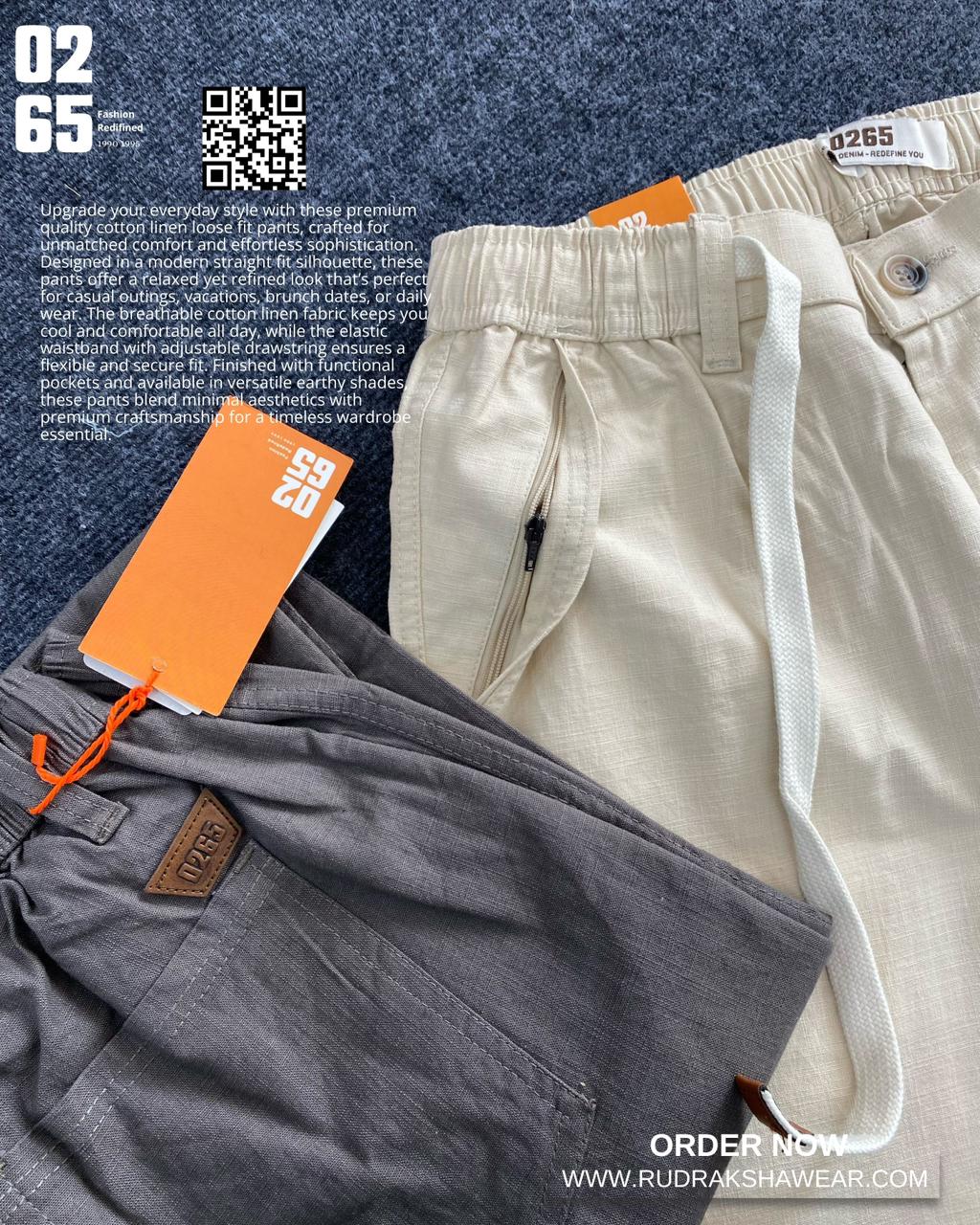 0265 Premium Loose Fit Cotton Linen Pant | Waist Band With Drawstring & Belt Loops | Front Right Pocket With Zipper | For Everyday Comfort