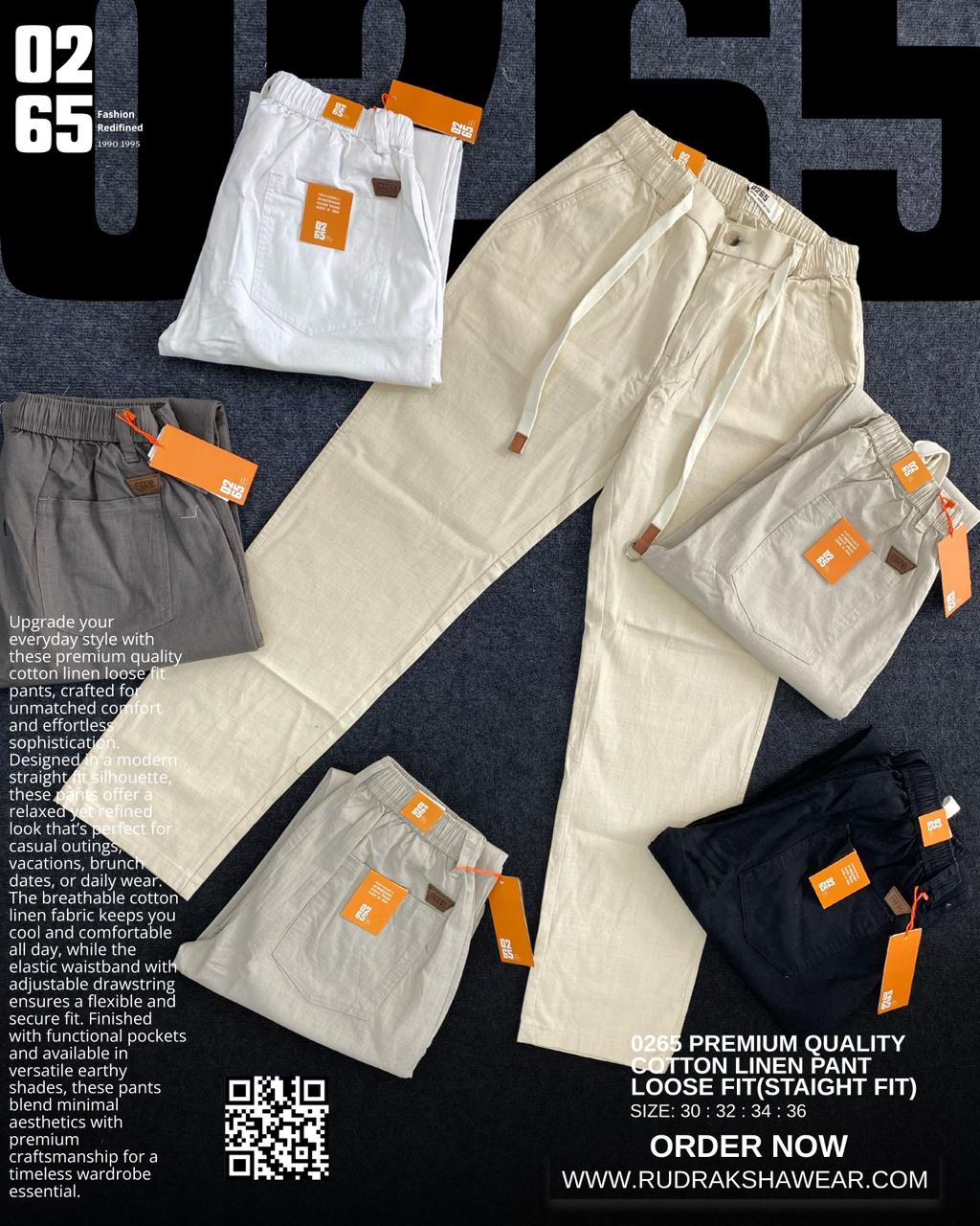 0265 Premium Loose Fit Cotton Linen Pant | Waist Band With Drawstring & Belt Loops | Front Right Pocket With Zipper | For Everyday Comfort