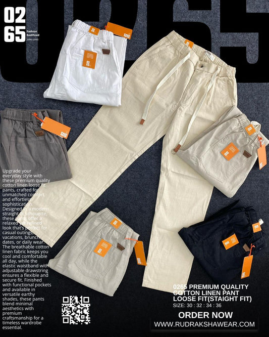 0265 Premium Loose Fit Cotton Linen Pant | Waist Band With Drawstring & Belt Loops | Front Right Pocket With Zipper | For Everyday Comfort