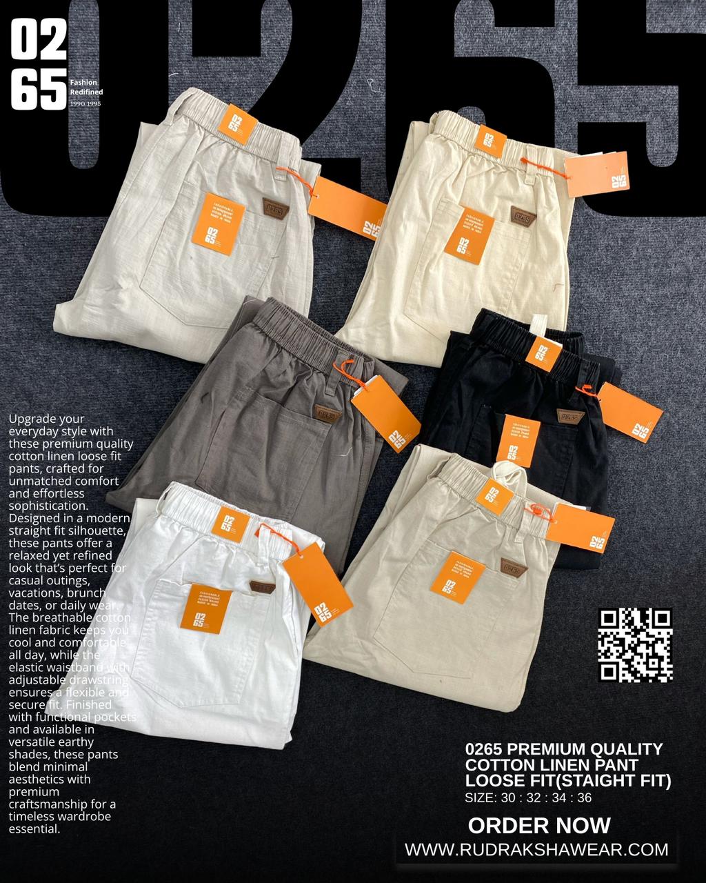 0265 Premium Loose Fit Cotton Linen Pant | Waist Band With Drawstring & Belt Loops | Front Right Pocket With Zipper | For Everyday Comfort