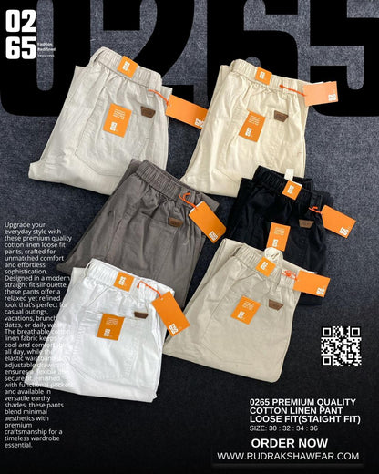 0265 Premium Loose Fit Cotton Linen Pant | Waist Band With Drawstring & Belt Loops | Front Right Pocket With Zipper | For Everyday Comfort