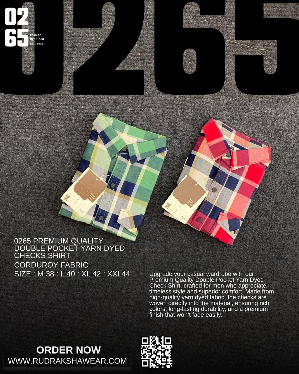 0265 Premium Double Pocket Checks Shirt  | Yarn Dyed Fabric | Backside Box Pleated | Metal Snap Buttons