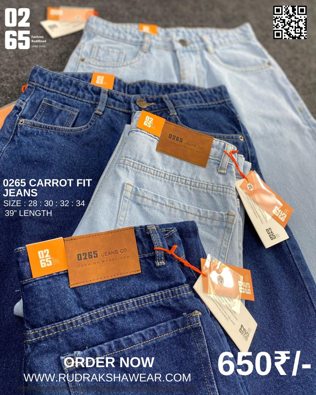 0265 Carrot fit jeans | Non Stretchable | Length 39 " Suitable for Height 5.4" to 5.8"