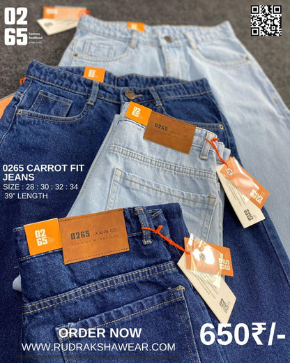 0265 Carrot fit jeans | Non Stretchable | Length 39 " Suitable for Height 5.4" to 5.8"