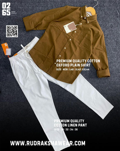 0265 Combo - Shirt + Cotton linen pant - Golden Brown & White