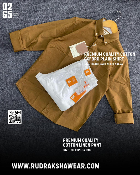 0265 Combo - Shirt + Cotton linen pant - Golden Brown & White
