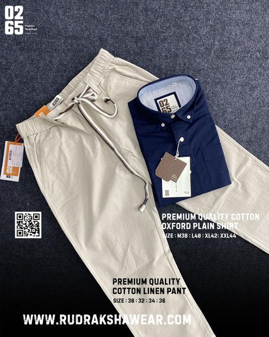 0265 Combo - Shirt + Cotton linen pant - Navy blue & Beige