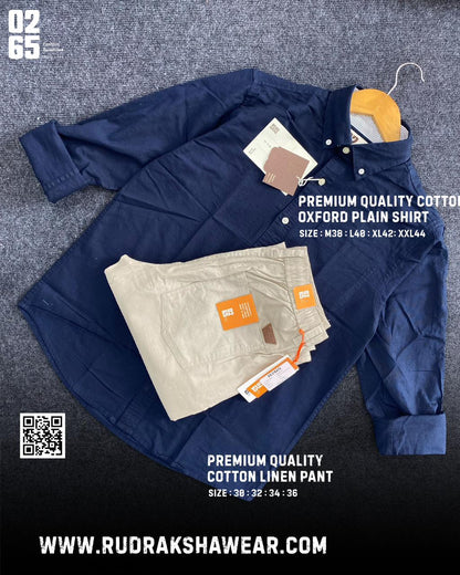 0265 Combo - Shirt + Cotton linen pant - Navy blue & Beige